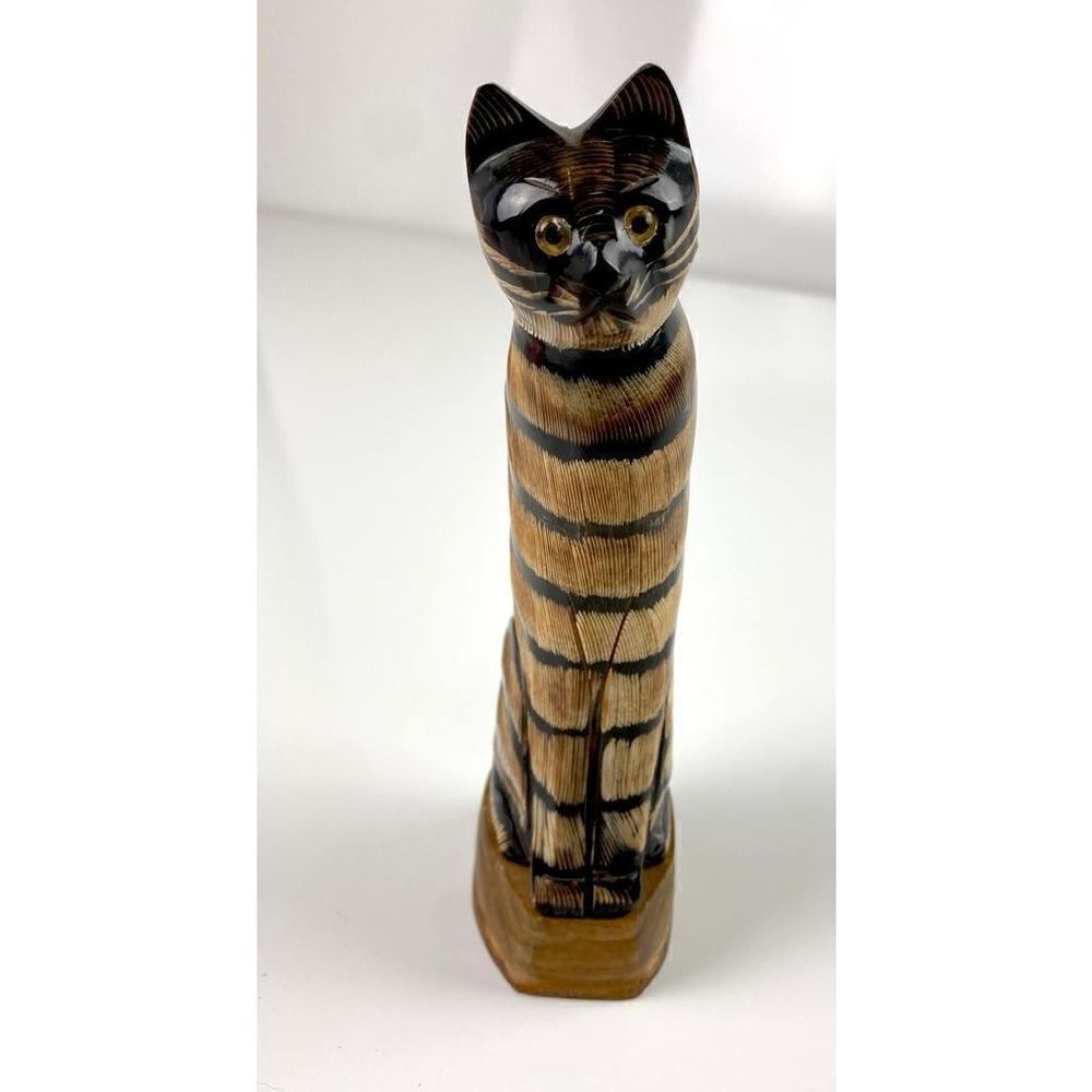 Carved Wooden Striped Cat Figurine Made in Thailand 7 in Tall Brown Black Unique - Picture 1 of 9